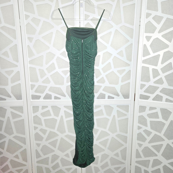 Green Ruched High Slit Rhinestone Midi Dress Size SM Formal Hoco Y2K Glam Party - Picture 5 of 8